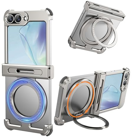 NIFBANG Frameless for Samsung Galaxy Z Flip 6 Phone Case,with Kickstand 360°Rotatable Magnetic Stand Case,Aluminum Metal Slim Heat Dissipation Shockproof Protective Cover for Flip 6,Silver