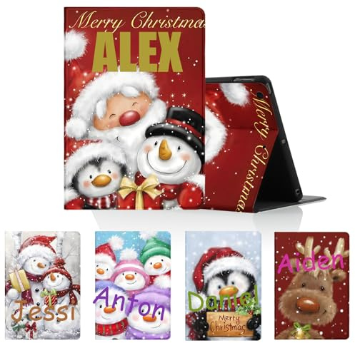 Personalisierte Tablet Hülle für iPad 9/8/7 10,2, Modell 2021/2020/2019, 9./8./7. Generation, Personalisiert Weihnachten SchutzHülle mit Christmas Schneemann PU Leder Text Individuelle Custom Case