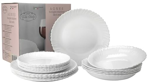 FESTA ITALIA Geschirrset 6 Personen - 18 Teilig - Tellerset aus Opalglas - Weiß Essgeschirr Set - Schüssel- und Tellerset - Modern Tafelservice - Teller - Essservice - Geschirr Set 6 Person