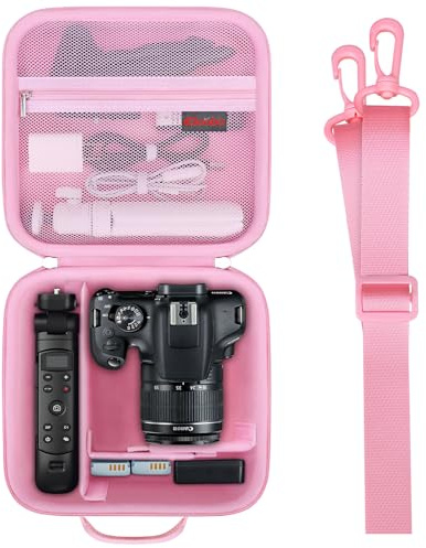 Elonbo Carrying Case for Canon EOS 2000D/ 4000D/ R50/ 250D/ R6 Mark II/ R100/ R8/ R7/ R10 DSLR Mirrorless Camera, Lens Tripod, Hard Travel Bag with 3 Pieces of Dividers and Shoulder Strap, Pink