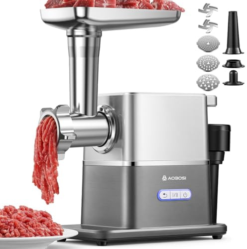 AOBOSI Picadora De Carne Silenciosa - 3000W Máx. Con Motor DC, Solo 60dB, Reversa Automática Y Empujador De Alimentos Con Almacenaje - 3 Niveles De Velocidad, Para Moler, Hacer Embutidos Y Kibbe