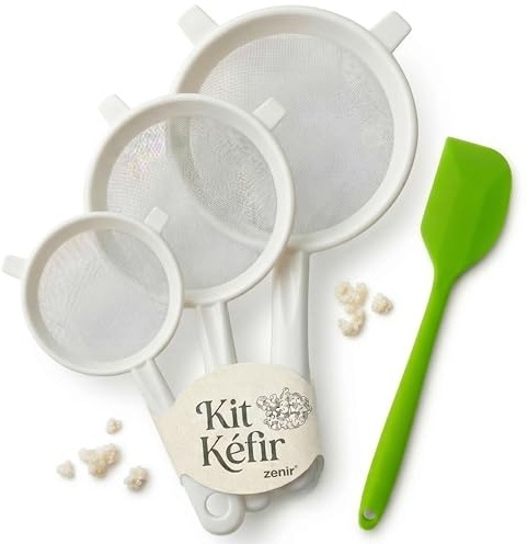 Zenir Kit 3 Colador Kefir Plastico + Cuchara de Silicona | Colador Plastico Para Kefir Para Preparar Kéfir Casero | Kefir kit Compatible con Kefir De Leche y Kefir de Agua. 12-14-16cm de Diametro