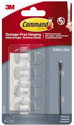 Command Cable Clips, 4 Clips and 5 Adhesive Strips, Transparent | Cable Organizer, Ideal for Cable Management, Damage Free Hanging, Easy Clean Removal