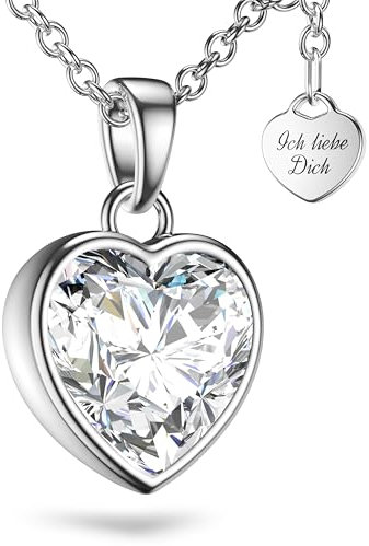 Herzkette Silber 925 Damen Halskette Kette mit Herz-Anhänger Ich liebe Dich (45-50cm) Silberkette mit Zirkonia-Herz Schmuck Geschenke für Frauen Sie Freundin mit Gravur zum Jahrestag Liebesgeschenk