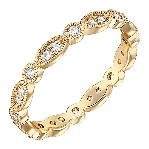 PAVOI 14K Yellow Gold Plated Rings Cubic Zirconia Band | Round Milgrain Eternity Bands | Yellow Gold Rings for Women Size 8