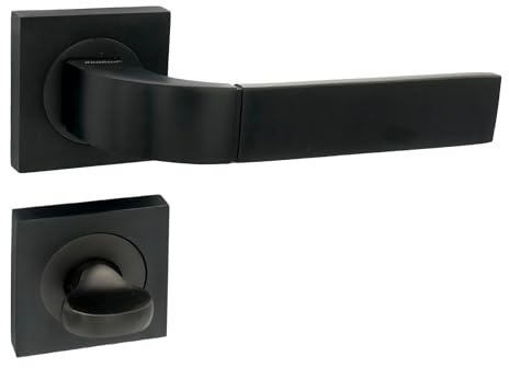 domino Türgriff Drückergarnitur WC - Badezimmer Set mit quadratischen Rosetten für Badezimmertüren Set WC - Rosetten-Garnitur Aluminium Schwarz Türdrückergarnitur FOKUS-QR BLACK
