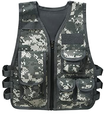 Oyolan - Gilet da pesca per bambino, ragazzo, ragazza, con tasche multiple, mimetico, giacca senza maniche, regolabile, per giochi all’aperto, caccia e campeggio Camouflage Clair 8-14 anni