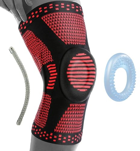 360 RELIEF - Compression Knee Brace with Gel Pads and Side Knee Stabilizers, Joint Support, Comfort, Active Recovery, Running, Workout Protection - Large, Red + Laundry Bag | Compression Knee Sleeve with Side Stabilizers, Non Slip Knee Support For Running, Weightlifting, Gym, Workout, Sports Red L