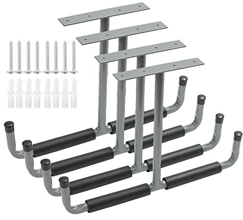 Wandhaken, Garage Deckenhaken Doppelt Leiter Haken Schwerlast Storage Hanger Organizer für Kajaks Fahrrad Klappstühle Montagehaken-Set mit Polsterung EVA für Schutz, Tragkraft 80 kg /Grau, 4 Stück