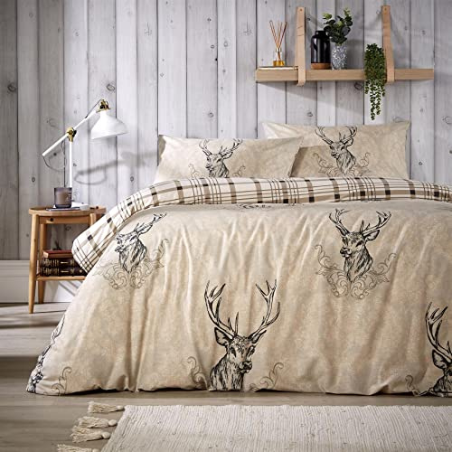 Olivia Rocco Stag Duvet Cover Set Cosy Highland Cotton Rich Quilt Covers Reversible Check Premium Bedding Bed Linen Sets, Single Natural