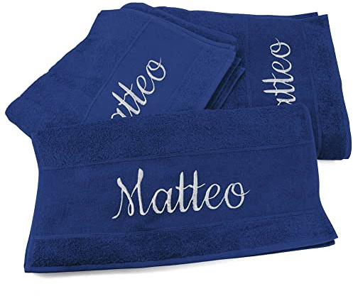 Handtücher 3er Set mit Namen oder Wunschtext bestickt - Farbe Royalblau - 3 verschiedene Größen: 180 x 100 cm, 140 x 70 cm und 100 x 50 cm, personalisiertes Duschtuch - Badehandtuch, 100% Baumwolle