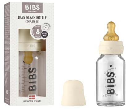BIBS Baby Glass Bottle. Anti-colique. Embout rond en latex de caoutchouc naturel. Favorise l’allaitement naturel, Complete Set - 110 ml, Ivory