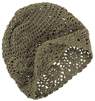 VGOL Beanie Mütze handgefertigt Damen Baumwolle gestrickt Ausschnitt Vintage Blumenmuster gehäkelt Slouchy Skull Cap für 52–58 cm Kopfumfang Frühling Sommer Herbst Khaki