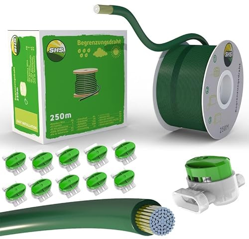 250m Begrenzungskabel + 10 GRÜNE Kabelverbinder für Mähroboter Rasenmäher Rasenroboter Zubehör SET Begrenzungsdraht für Suchkabel - kompatibel mit GARDENA/BOSCH/HUSQVARNA/WORX/HONDA/ROBOMOW