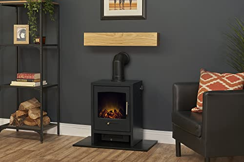 Adam Oak Beam, Hearth & Stove Pipe with Electric Bergen Stove in Charcoal Grey