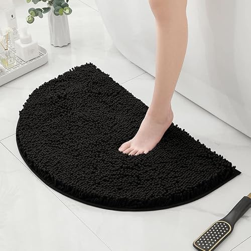 HYFAN Half Round Microfiber Chenille Non-Slip Bath Rug, Super Absorbent Quick Drying Soft Shaggy Bathtub Mat (Black, 40-60cm)