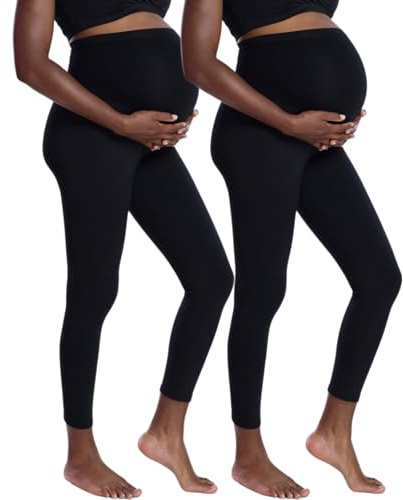 Motherhood Maternity Women's Essential Stretch Full Length Secret Fit Over The Belly Pregnancy Legging-2 Pack, Black/Black, Small