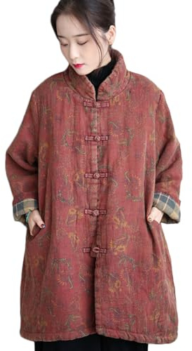 NFYM Cappotti imbottiti in cotone da donna di media lunghezza lunghi larghi trapuntati kimono giacche invernali in stile cinese, Rosso scuro, taglia unica