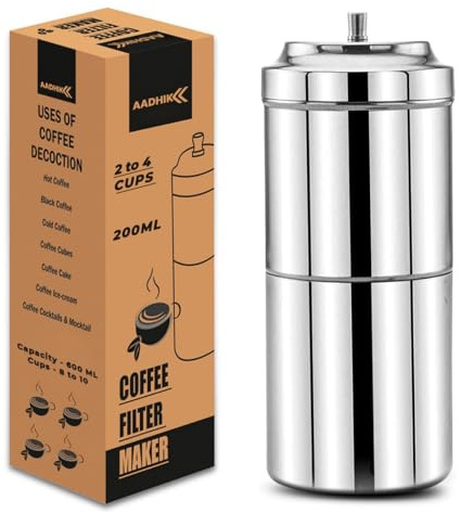 AADHIK South Indian Filter Coffee Maker 200 ML 2-4 Cup Mug Dripper Stainless Steel Medium Size for Home & Kitchen