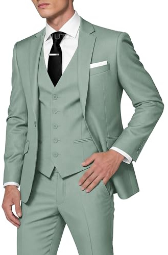 HUUTOE Costume 3 pièces élégant pour Homme, Type Smoking, Coupe ajustée, avec Blazer, Gilet et Pantalon, pour l’été, Mariage, Bal de Fin d'année, Affaires, Vert Sauge, Taille XL