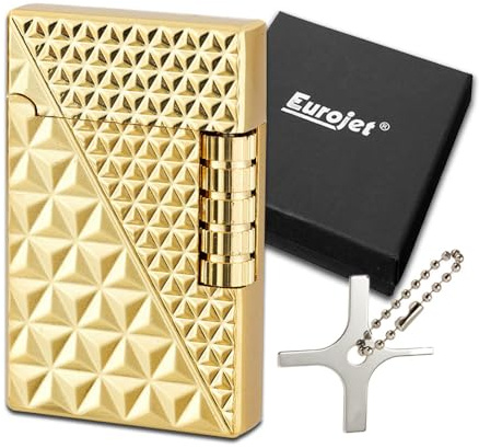 Design Metall Feuerzeug Vintage | Farbe: Gold Waffelmuster | Reibrad | Stand Flamme | Set mit Flammen Justier Werkzeug | Geschenk Box