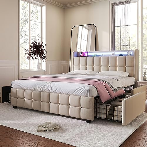 ZUUYEE Doppelbett 180x200 Mit USB-Ladefunktion, LED-Beleuchtung, 4 Schubladen, Lattenrost Aus Holz - Stauraumbett Mit Kopfteil, Beige (Ohne Matratze)