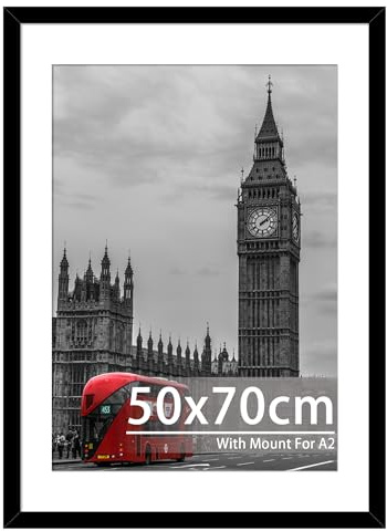 Tinkeps 50x70cm Black Frame - Engineered Wood and Plexiglass, Picture Frames 50cm x 70cm with A2 Mount for Prints, Photos, and Posters, Wall Mountable