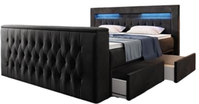 Boxspringbett Menzogna 200x200 Doppelbett Polsterbett Bett mit TV Lift, USB und Stauraum (2 Schubladen) | Bezug: Samt | Farbe: Schwarz | Härtegrad: H4 (100kg+)