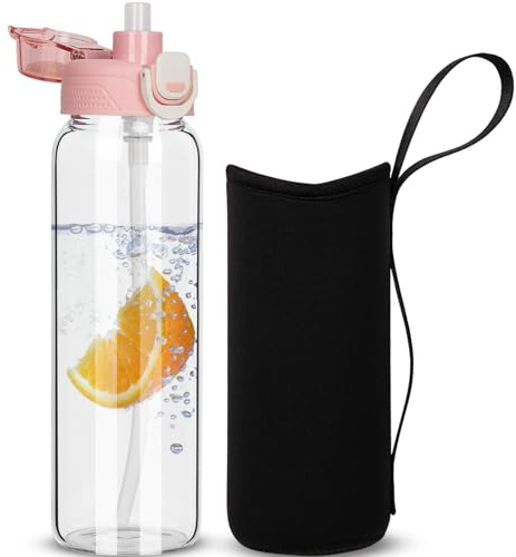 DEARRAY 800ml Glass Water Bottle with Straw & Neoprene Sleeve 0.8l BPA free Glass Drinking Bottle Leakproof