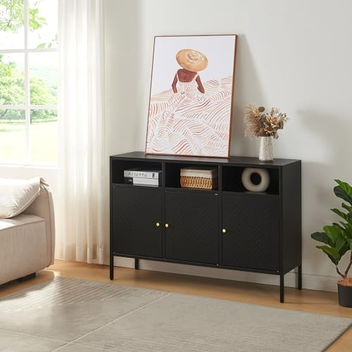 [en.casa] Kommode Janakkala Sideboard mit 3 Schranktüren 119 x 35 x 80 cm Wohnzimmerschrank Schwarz Buffetschrank Metall TV Schrank