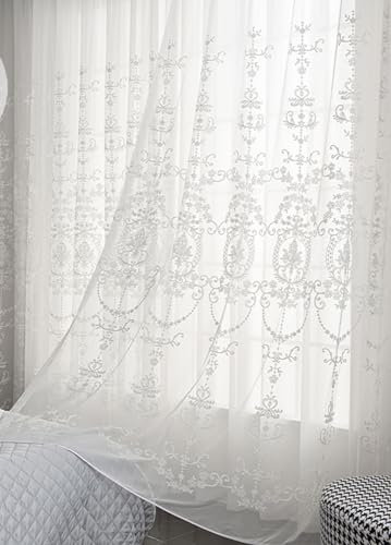 Beydodo Gardinen für Schienensystem, Vorhänge Weiß 2er Set Haken 200x200CM Stickerei mit Blumen Motiv Gardinenschals Polyester Halbtransparent für Wohnzimmer Schlafzimmer Küche