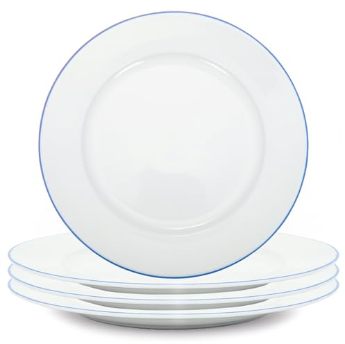 Happy Homewares Premium Set of 4 White Ceramic Dinner Plates with Elegant Thin Blue Rim - Durable, Stylish Dinnerware for Modern Table Settings