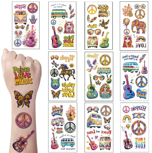 Qpout 10 Blatt Hippie Temporäre Tattoo Ticker Groovy 70er Jahre 80er 90er Jahre für Mädchen und Jungen, Wasserdichte Liebe und Peace Zeichen Gesicht Aufkleber Hippie Thema Party Zubehör