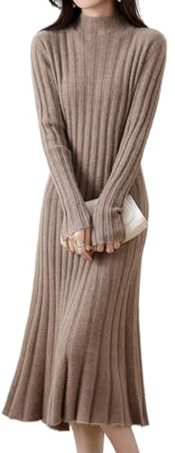 Ailaile 100% Wool Sweater Dress Women's Mock Neck Pit Strips Slim V-Neck Long Sleeve Pullover A-line Knitted Dress Camel
