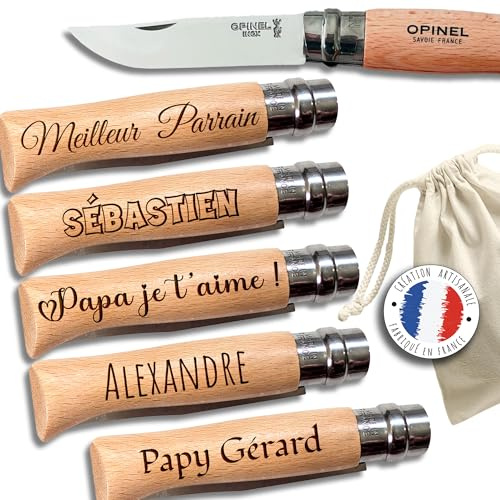 Couteau personnalisé Opinel n°8 avec texte - Couteau de poche en bois de hêtre acier inoxydable - Couteau Pliant Personnalisable - Idée cadeau fête des pères, papy, parrain ...