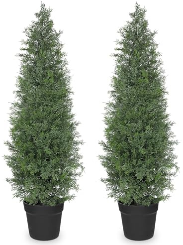 Hollyone 2 Stück Kunstpflanze Zedernbaum 90cm, Outdoor UV Geschützt Kunstbaum Formschnitt Künstlich, Realistische Gefälschte Zypressen Pflanzen Büsche für Haustür Haus Veranda Büros Dekoration