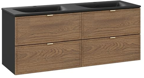 Lomadox Badezimmer Doppelwaschtisch 120 cm breit in Eiche und schwarz, hängend mit 4 Schubladen, Doppelwaschbecken schwarz
