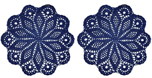 BOMHCS 2 centrini rotondi in pizzo con fiori all'uncinetto, da 28 cm a 30,5 cm, per cucina, tè, caffè, bar, tovagliette, tovagliette fatte a mano (2, blu navy)