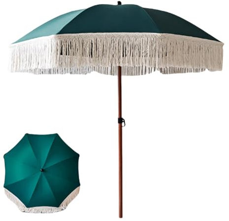 MACAGGTNTU Extérieur Parasol De Terrasse avec Frange，180cm Verte Parasol De Plage Manuel Parasol À Frange pour Jardin Pelouse，Portable Parapluie De Plage