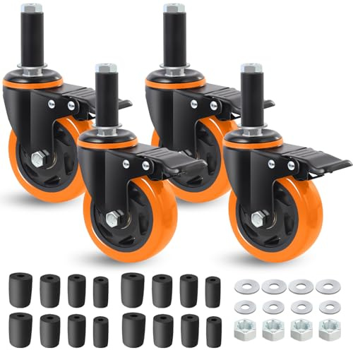 BAOLIHUI 100mm Schwerlastrollen Set mit Bremse Orange 4 Zoll, 500KG Tragkraft, Passend für 23mm/28mm/34mm/40mm Rohrbeine, Ausziehbare Möbelrollen Industrie Rollen für Edelstahl Arbeitstisch