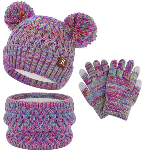 ZASFOU Kinder Winter Mütze Loop Schal Touchscreen Handschuhe Set 2 3 4 5 6 7 Jahre Kleinkinder Wintermütze Beanie Schlauchschal Strick Pom Mützen Geschenk Mädchen Jungen