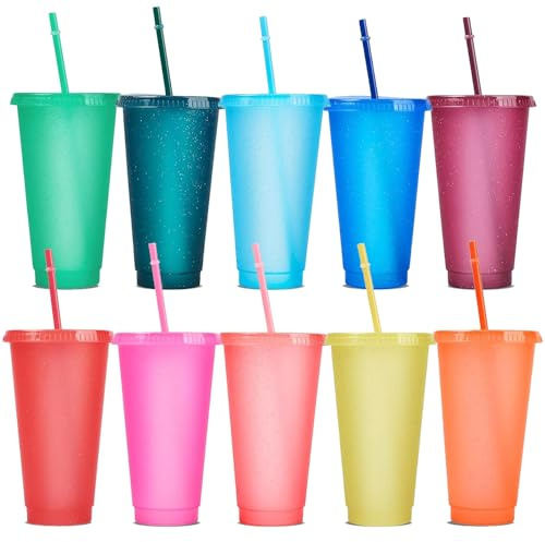 YANGUN 10 Pcs Reusable Plastic Cups, 24 oz Plastic Tumblers with Lid and Straw, Cold Cups, Reusable Plastic Tumblers for Adults and Kids Party and Beach, Pool Gatherings (10, Rainbow)