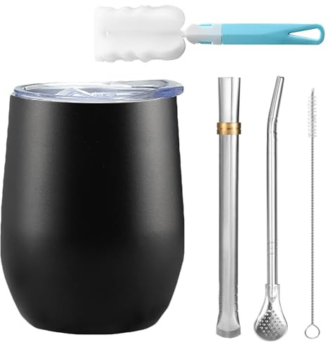 HXXWEUS Acier Inoxydable Tasse à Maté, 360 ml Set de Gobelets à Maté, Réutilisable Gobelet à Maté Moderne, avec Éponge Brosse de Nettoyage et Paille à Maté, Pour Vin Rouge, Thé, Cola(Noir)