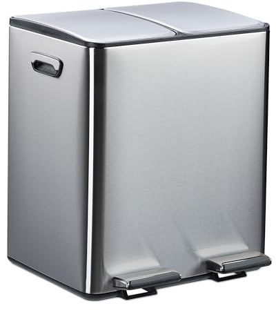 Relaxdays Mülleimer, 2 Fächer, je 15 l, entnehmbare Inneneimer, Fußpedal, Küche, Tretmülleimer, Eisen, Silber/schwarz