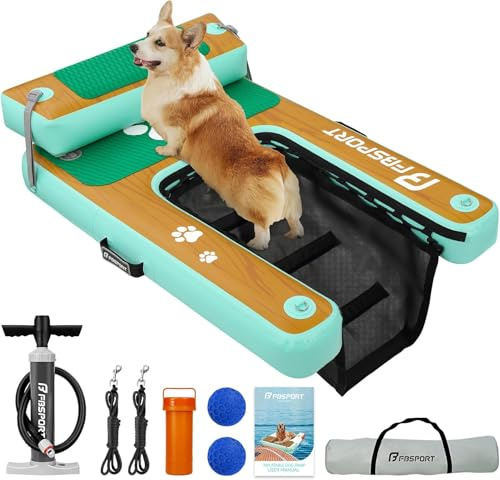 FBSPORT Hunderampe Aufblasbare Hunde Wasserrampe, Hundeboot Rampe Schwimmende Dock Leiter für Pool, Boot, Seen, rutschfeste Eva-Schwimmleiter für Hunde bis zu 100 kg