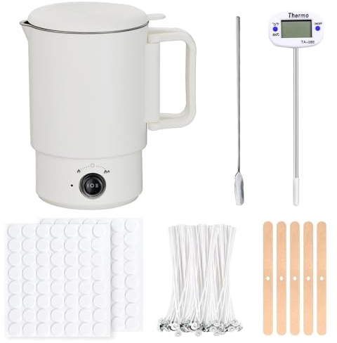 Wachsschmelzer für Kerzen, Afenau 800ml Wachsschmelztopf Elektrisch mit 100 Kerzendochte, 100 Docht Aufkleber, Thermometer, Rührlöffel, Dochthalter, Kerzen Selber Machen Set für Erwachsene Geschenkset