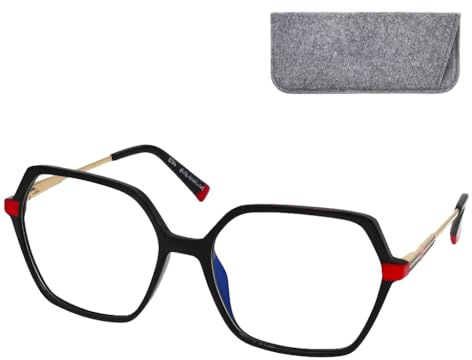 Mini Brille – Lunettes de Lecture Oversize Hexagonales, Monture Légère Plastique & Branches Métal (Noir), Boite Inclus, Lunette Loupe Femme + 1.5 Dioptrie