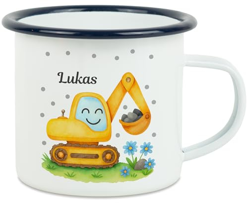 Kiddle-Design Bagger Tasse Kinder Personalisiert mit Name - Kinderbecher für Kindergarten, Kita - Kindertasse mit Baustelle und Fahrzeuge als Trinkbecher, Zahnputzbecher - Tasse Blau