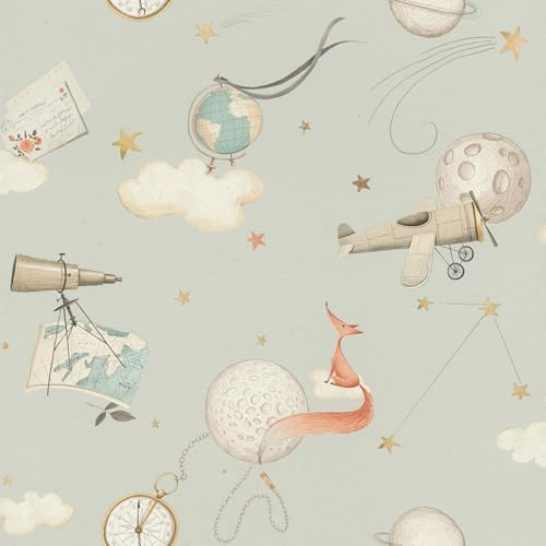 Rasch Tapete 302226 - Vliestapete mit Entdecker-Motiv in Grau mit Wolken Kompass und Sternen; Kindertapete Abenteuer - Kollektion Kids World