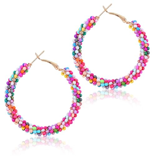 Colorful Beaded Earrings for Women, Boho Flower Hoop Earrings, Boho Seed Summer Beach Statement Ear Jewelry, Cute Daisy Flower Beaded Earrings, Plated Gold